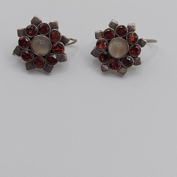 Art Deco Garnet and Moonstone 925 Sterling hook earrings 1920-30 1 inch marked - Picture 5 of 8